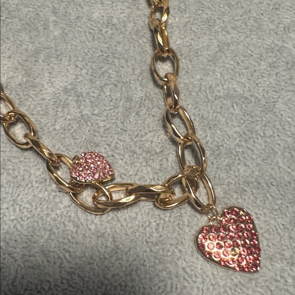 Gold Tone Chunky Chain Necklace w/ Pink Rhinestone Heart Charms (BR888/8) - Picture 5 of 5